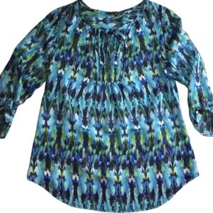 EXPRESS Chiffon Organza Colorful Watercolor Top Keyhole 3/4 Sleeve Womens XS